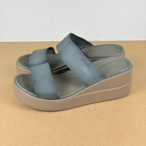 Crocs Brooklyn Mid Wedge Two Strap Sandals Womens 9 Blue/Gray Tan Slip On - Picture 9 of 9